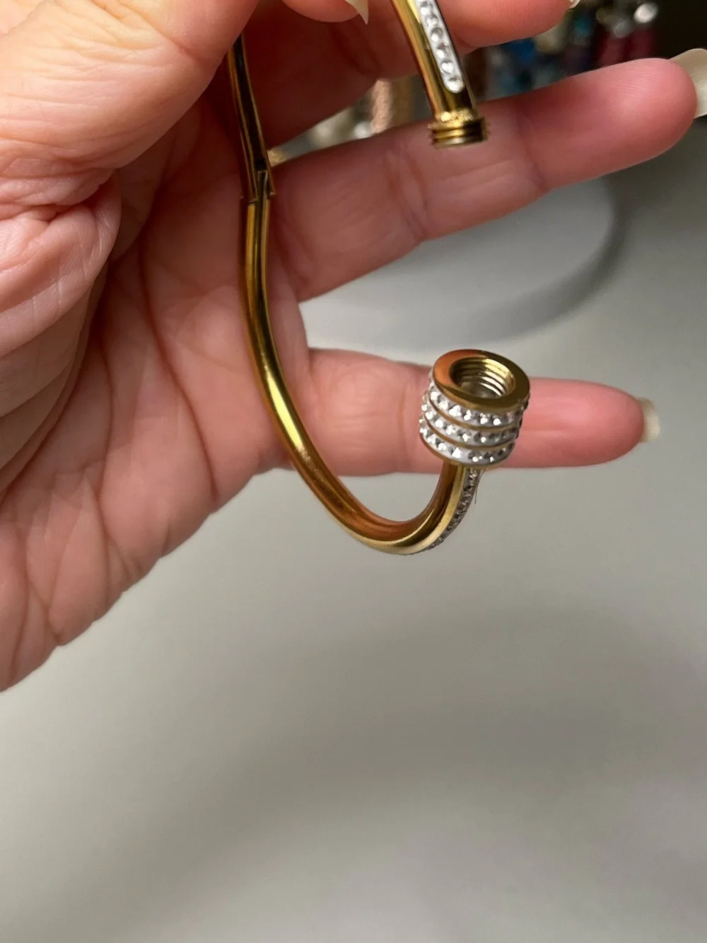 Gold Tone Rhinestone Screw-On Hinged Bracelet